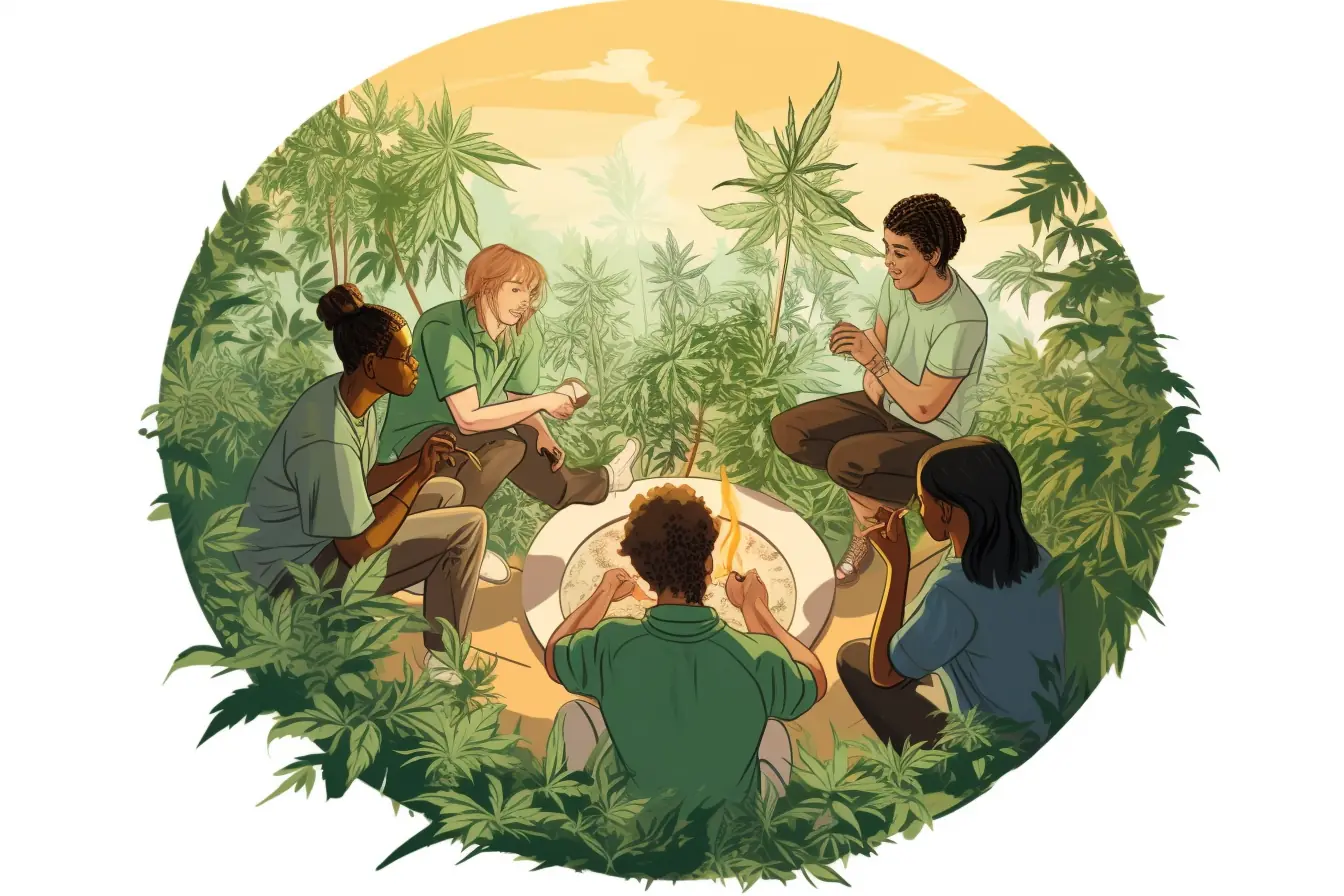 Cannabis-Zigaretten werden von einer Gruppe von Menschen im Kreis genossen Menschen treffen sich in einem Cannabis Social Club in Trier, wo ein Kreis aus Marihuanablättern als Schmuckstück dient.