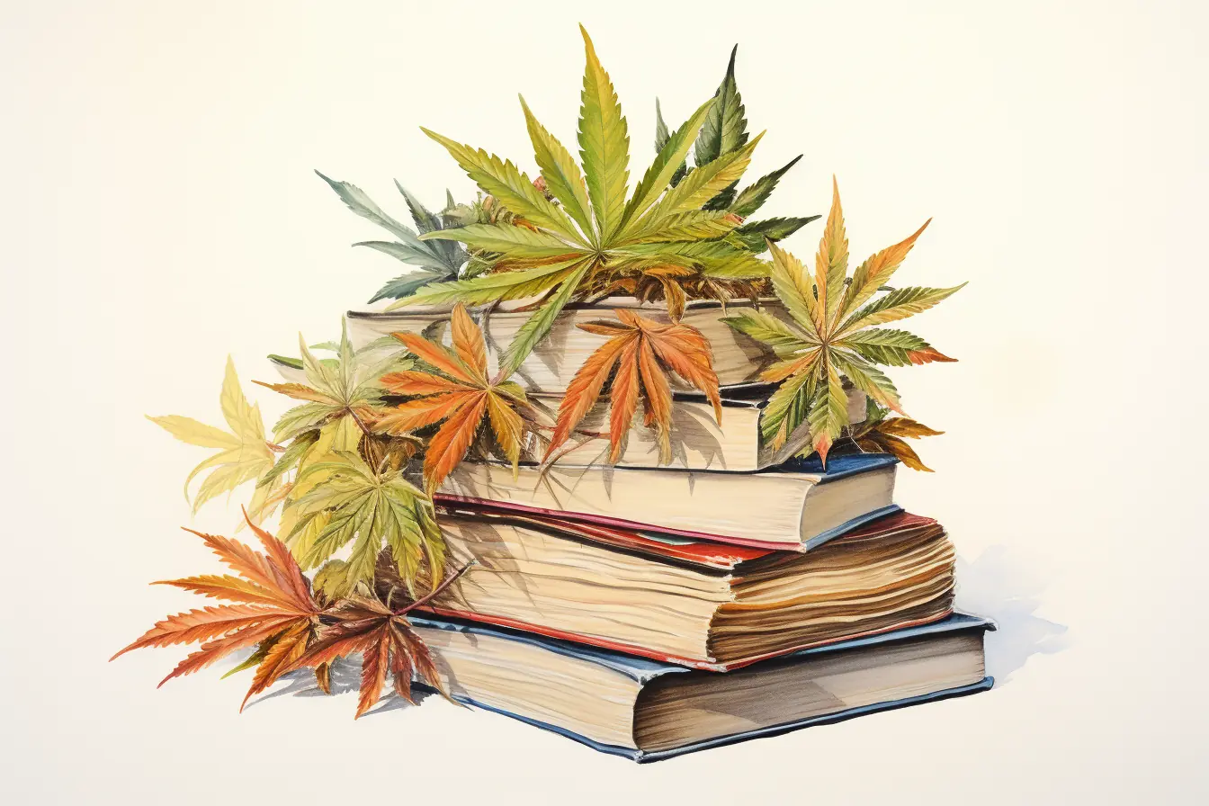 Eine helle Farbschöpfung mit Büchern und Cannabisblättern Aufeinander gestapelte Bücher sind mit Blättern von Cannabis verziert, die darauf liegen.