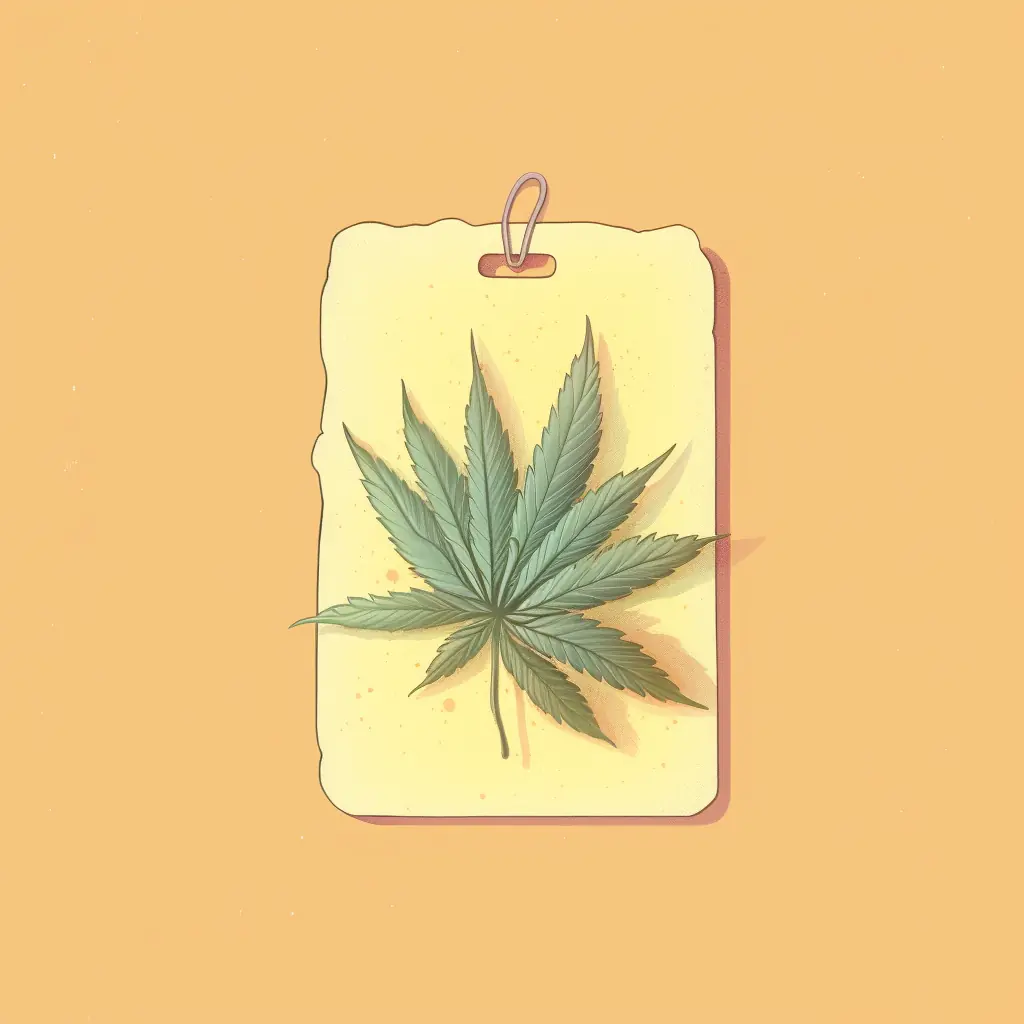 Das Preisschild zeigt ein Cannabisblatt in Pastelltönen, das das Produkt repräsentiert. Einzigartig für Trier's Cannabis-Freunde: Ein Preisetikett, das ein hängendes Hanfblatt präsentiert.