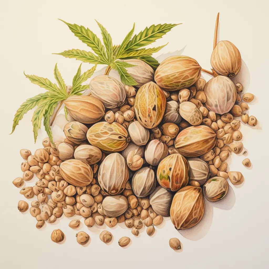 Eine halbrealistische Zeichnung von Cannabis-Samen in Pastellfarben: Wie sie die Schönheit von Cannabis zeigt Eine Menge von Marihuana-Samen auf einem lichtdurchlässigen Untergrund