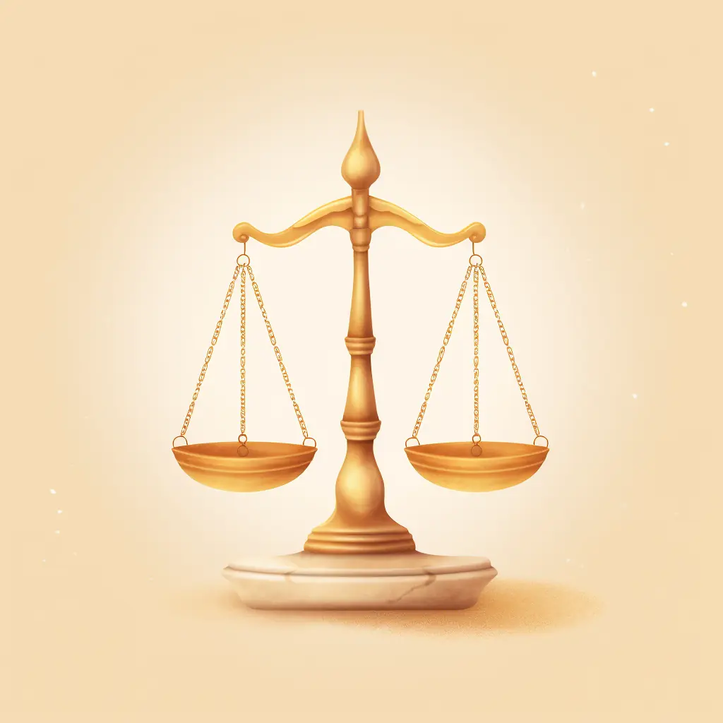 Eine Waage als Symbol für Recht in Pastellfarben Eine künstlerische Komposition einer Waage als Gerechtigkeitssymbol auf einem glänzenden und hellen Hintergrund.