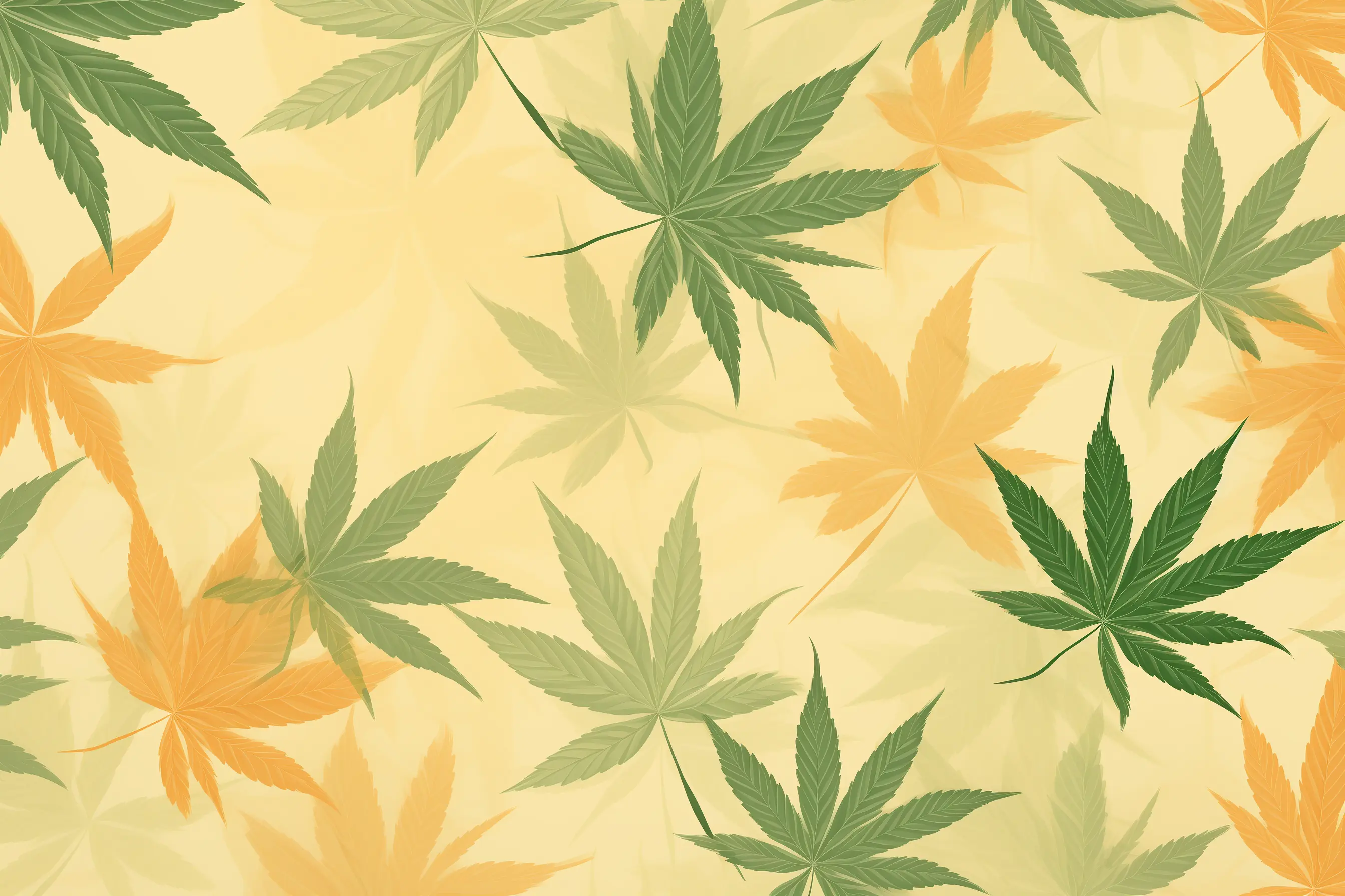 Cannabis Social Club in Trier: Einladender Flair mit dezenten Cannabisblättern Ein Druck aus Cannabisblättern auf einem beigen Hintergrund, gedruckt für einen Cannabis Social Club in Trier